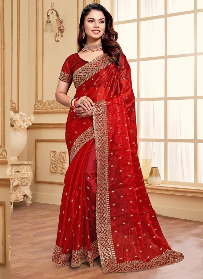 Jimmy Choo Red Party Wear Embroidery Work Saree